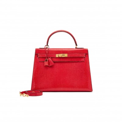 HERMÈS MASTER FLAG RED LIZARD KELLY 28 GOLD HARDWARE (28*22*10cm) 